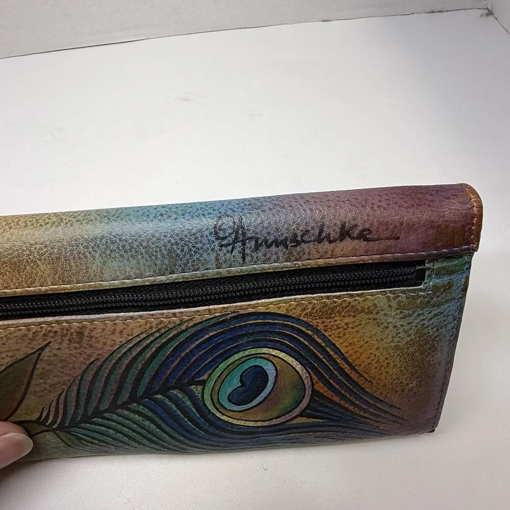 Anuschka Hand Painted Floral Peacock Feather Full Size Leather Wallet